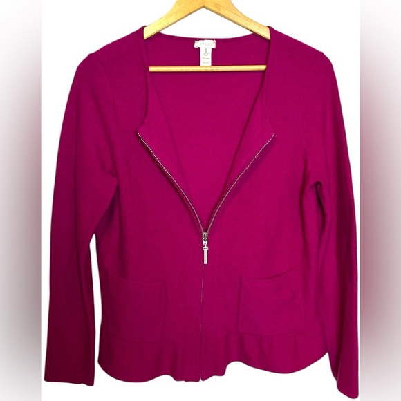 Chico’s Women’s Wool Ruffle Hem Renee Cardigan Zip Sweater Pockets Magenta Pink - Picture 2 of 6